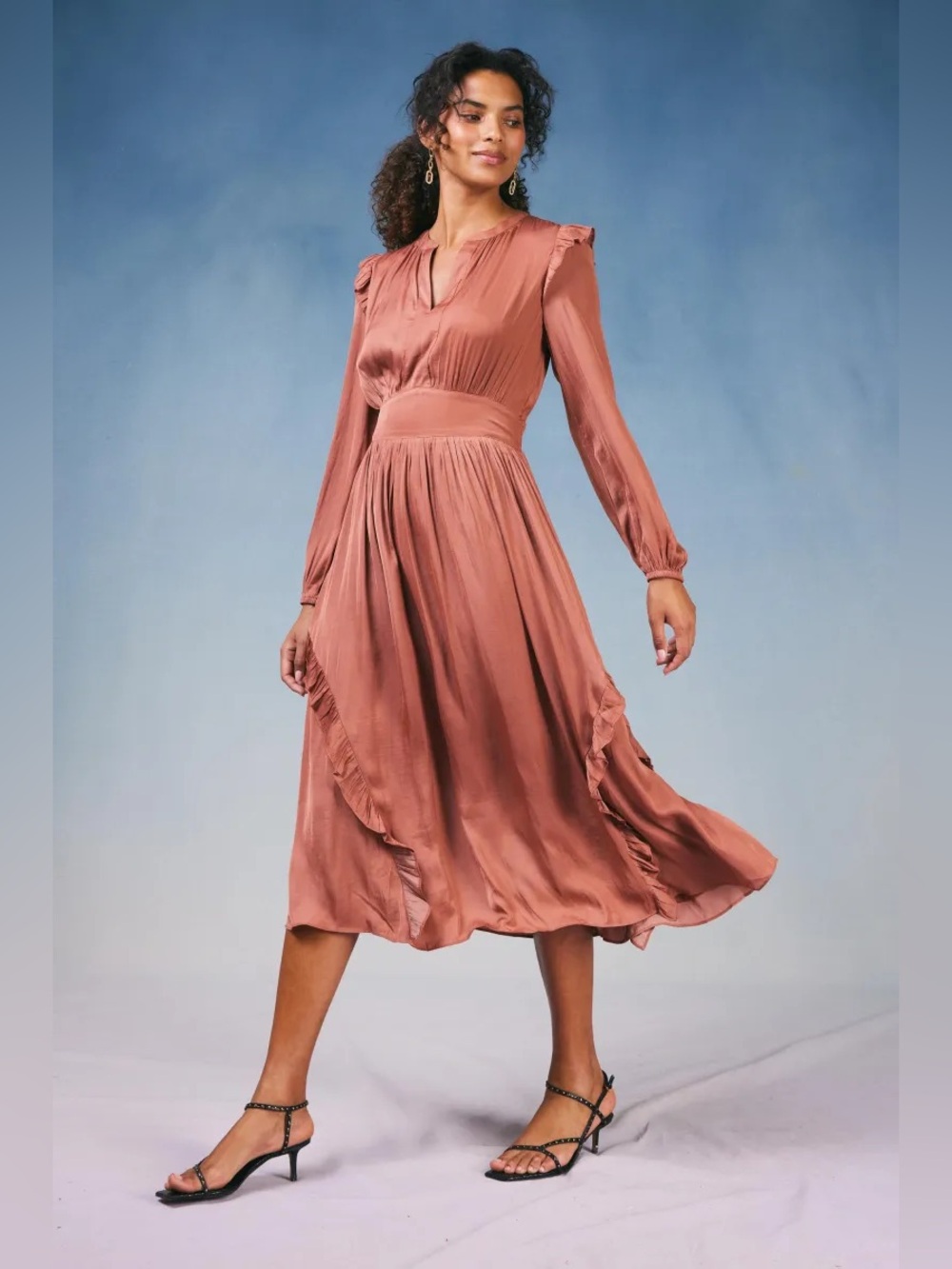 Womens Long-Sleeve Midi Dress - Elegant Ruffle Detail